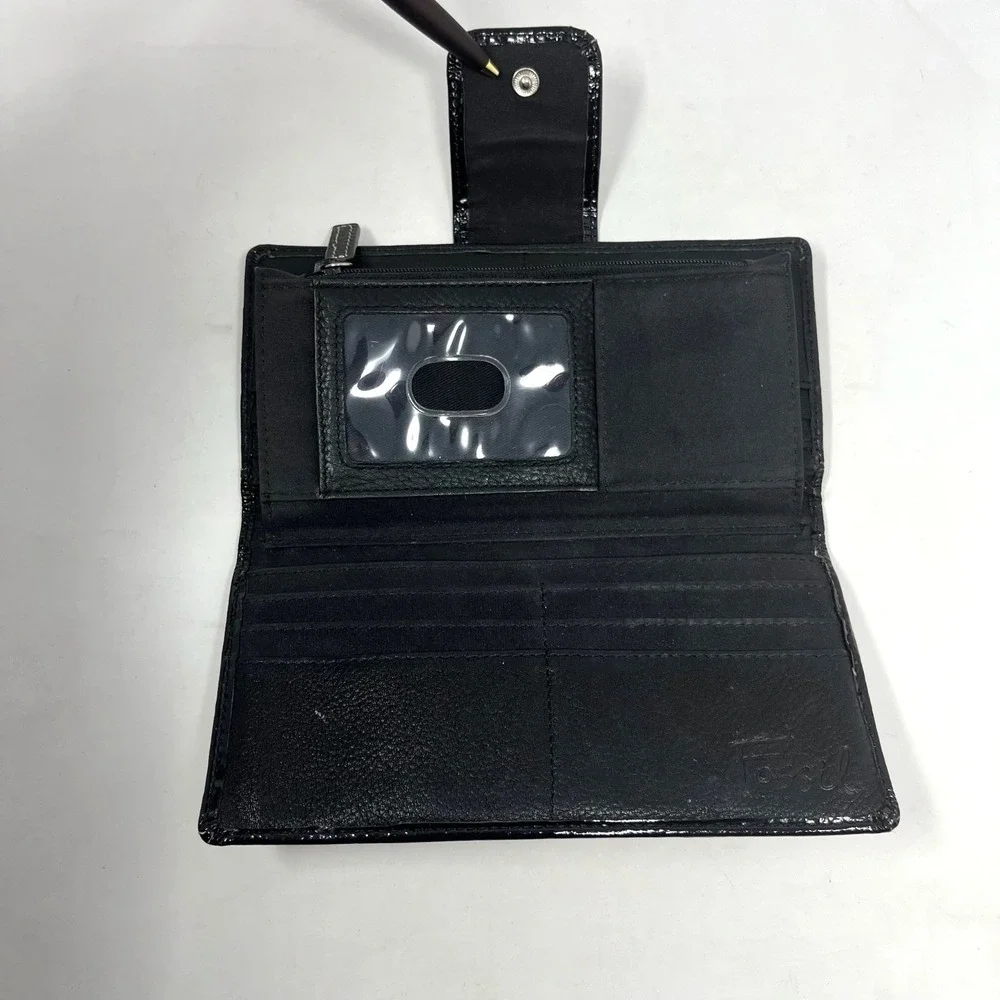 Vtg Fossil Black Diagonal Mixed Suede Patent Leather Bi‎ Fold Wallet Y2K Indie